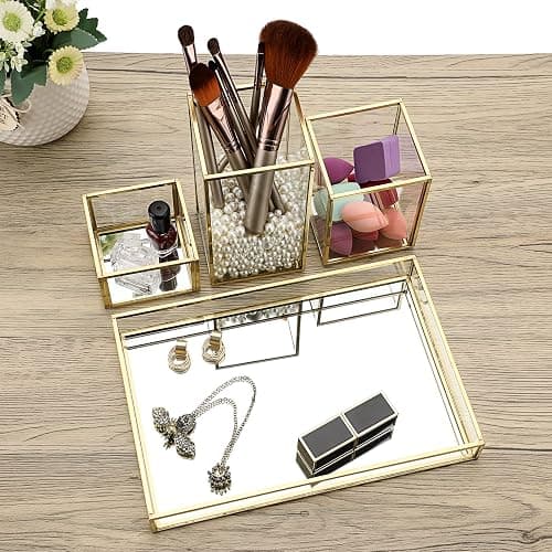 Hipiwe Set of 4 Gold Glass Makeup Brush Holder Organizer with Vanity Tray | Stackable Perfume & Cosmetic Brush Organizer, Mirrored Jewelry Trinket Tray, Pen & Pencil Holder for Dresser Bathroom thumbnail 2