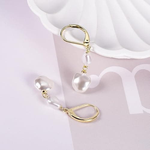 LANCHARMED 14K Gold Pearl Dangle Earrings for Women，925 Sterling Silver Double Pearl Drop Earrings，Leverback Irregular Pearl Hypoallergenic Earrings thumbnail 7
