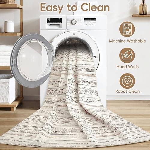 Large Living Room Area Rug 9x12: Soft Machine Washable Boho Moroccan Farmhouse Rugs for Bedroom Under Dining Table - Non-Slip Neutral Morden Indoor Floor Rug Carpet for Home Office Decor - Cream Brown thumbnail 3