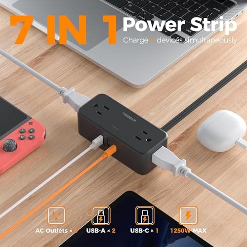 TESSAN Black Extension Cord 5 Ft, Flat Surge Protector Power Strip with 4 Wide Spaced AC Outlets 3 USB Ports (1 USB C), Ultra Thin Flat Plug with 900J Surge Protection, Office Dorm Room Essentials thumbnail 2