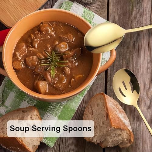 6 Pieces Serving Spoons Set, 8.7 Inch Serving Spoon, Includes 3 Server Spoon and 3 Slotted Spoons, Stainless Steel Buffet Banquet Large Utensils Cutlery Set for Kitchen, Gold thumbnail 6