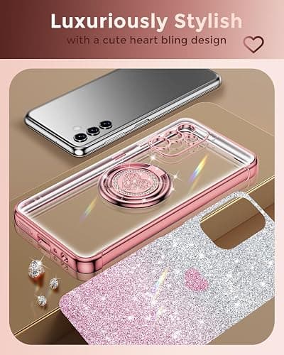 XYZ for Galaxy A16 5G Case with Stand, for Samsung A16 5G Case with Double Ring, Women Girls Bling Luxury Glitter Clear Phone Case Cover Heart for Samsung Galaxy A16 5G, Rose Gold thumbnail 6