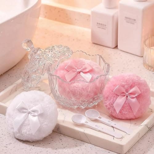 5 Pcs Large Powder Puff and Container with Spoon, Dusting Powder Container with Puff, Washable Reusable Velour for Body Powder Glitter Bathroom Vanity, Crystal thumbnail 6