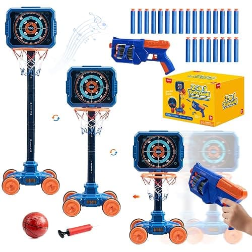 JoyCat 2-in-1 Shooting&Basketball Toy for Kids,Adjustable Height Auto-Moving Shooting Target with Music,Outdoor Indoor Game Compatible with Nerf Toy Guns for Kids,Birthday Chrisrmas Gift for Boys - Image 1