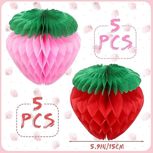 Skylety 10 Pieces 6 Inch Paper Strawberry Honeycomb Ball Tissue Paper Strawberry Ball for Birthday Party Decoration(Red and Pink) - Red and Pink thumbnail 3