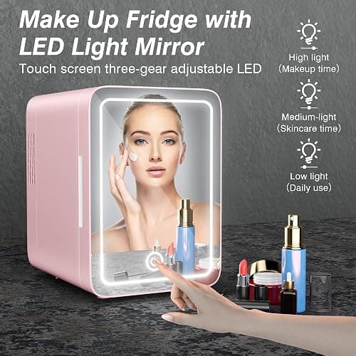 Easy-Take Skincare Fridge - Mini Fridge with Dimmable LED Mirror (4 Liter/6 Can), Cooler and Warmer, for Skincare and Food, Mini Fridge for Bedroom, Office and Car, Pink - Pink thumbnail 4