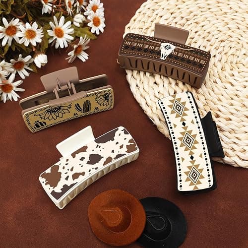 Yussti Western Leather Hair Claw Clips Sunflower Floral Square Claw Clips | for Hairstyling Southwest Cow Print Cowhide Hair Accessories Large Aesthetic Western Cowgirl Stuff Gift for Women Girls thumbnail 6