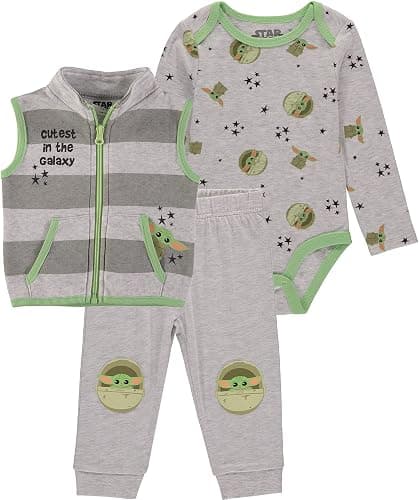 STAR WARS Baby Boys Clothing 3-Piece Set - Baby Bodysuit, Pants, and Vest with Baby Yoda Print Baby Clothes - Image 1