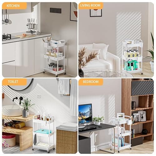 3 Tier Rolling Utility Cart with Handle,REBECAT Utility Cart Made of Multifunctional Storage Organizer Tool for Kitchen,Bathroom,Living Room,Office(White) thumbnail 6