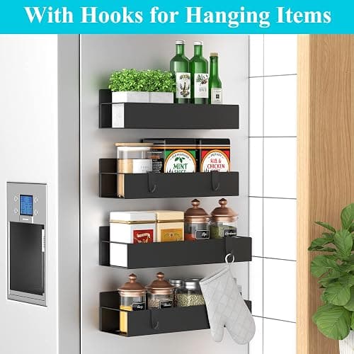 HuggieGems Metal 4 Pack Magnetic Spice Storage Rack Organizer for Refrigerator and Oven, Black Fridge Organizers and Storage thumbnail 3
