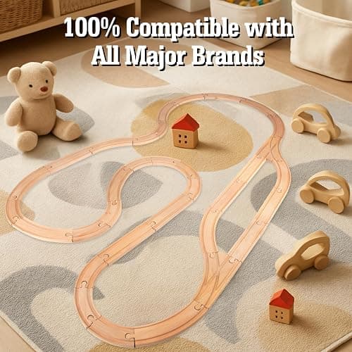 Wooden Train Track 52 Piece Set-18 Feet Of Track Expansion - 5 Distinct Pieces - 100% Compatible with All Major Brands Including Thomas Wooden Railway System: Screen Free Christmas Gift For Toddlers thumbnail 5