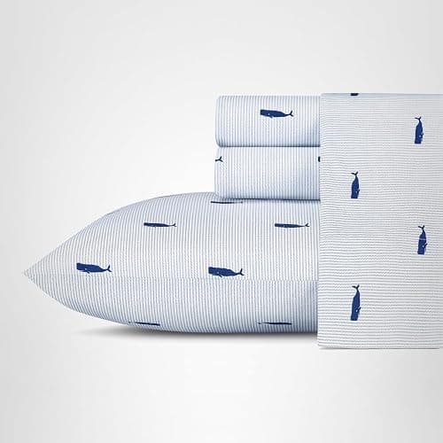 Nautica - Twin Size Sheet Set, Crisp & Tailored Cooling Sheets with a Smooth Cotton Percale Lightweight Feel - Bed Sheets with Matching Pillowcase & Fitted Sheet (Whale Stripe Blue) thumbnail 7