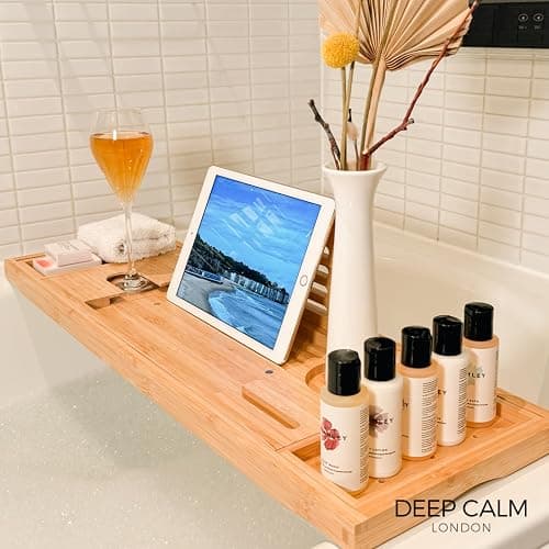 Deep Calm Bath Caddy – Foldable, Extendable Bath Tray Holds Book, iPad, Tablet, Phone, Wine Glass, Candle - Adjustable Bathtub Table – Luxury, Natural Bamboo Bath Shelf (Natural) thumbnail 6