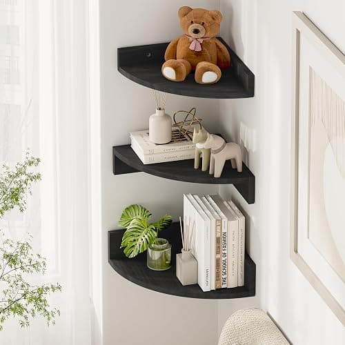 Alsonerbay Black Corner Shelf Wall Mount, Set of 3 Floating Shelves for Wall Storage and Display, Rustic Wood Shelves for Bedroom, Living Room, Bathroom, Entryway, Garage thumbnail 2