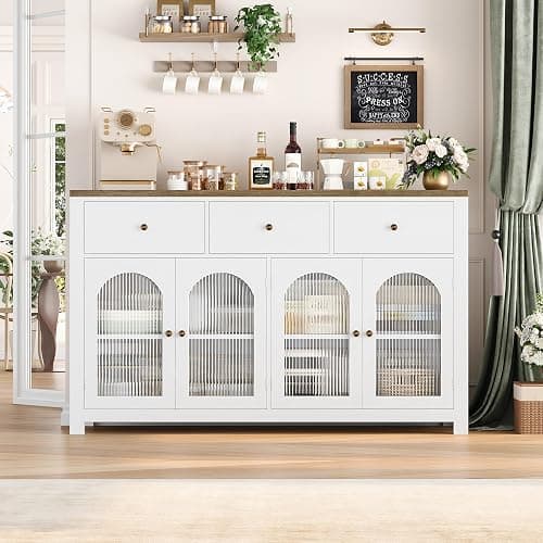 FINETONES Buffet Cabinet with Storage, 55.1" Large Sideboard Buffet Cabinet, Farmhouse Kitchen Cabinets with 3 Drawers and 4 Doors, Wood Coffee Bar for Kitchen Dining Room thumbnail 4