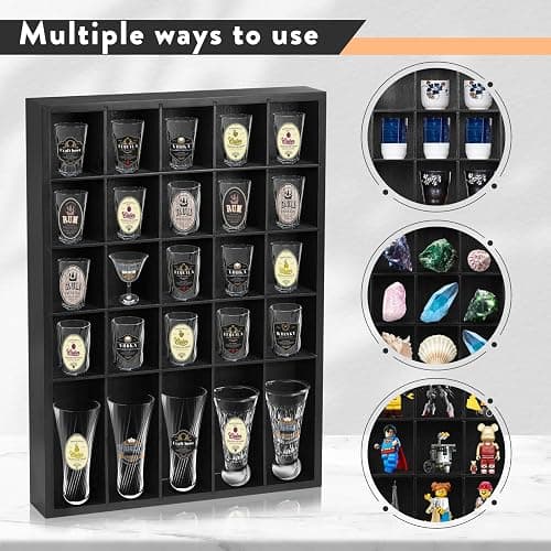 DARCKLE Shot Glass Display Case for Wall, Wood Holds Set of 30 Glasses Shot Glass Holder Display Shelf, 17'' x 12''-3'' x 2'' (Black, 1PCS) thumbnail 7
