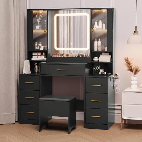 BORNOON Makeup Vanity with LED Light Strip Mirror and Chair, 7 Drawers & 2 RGB Cabinets Black Vanity Makeup Desk with Power Strip, Adjustable LED Lighting, and Cushioned Stool for Women, Girls, Teens thumbnail 3