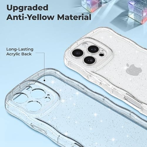 FABSPARK Phone Case for iPhone 16 Pro Max,Cute Clear Curly Wavy Frame Wave Case with Sparkly Bling Glitter,Non-Yellowing Transparent Acrylic Hard PC Cover for iPhone 16 Pro Max,Glitter Clear thumbnail 2