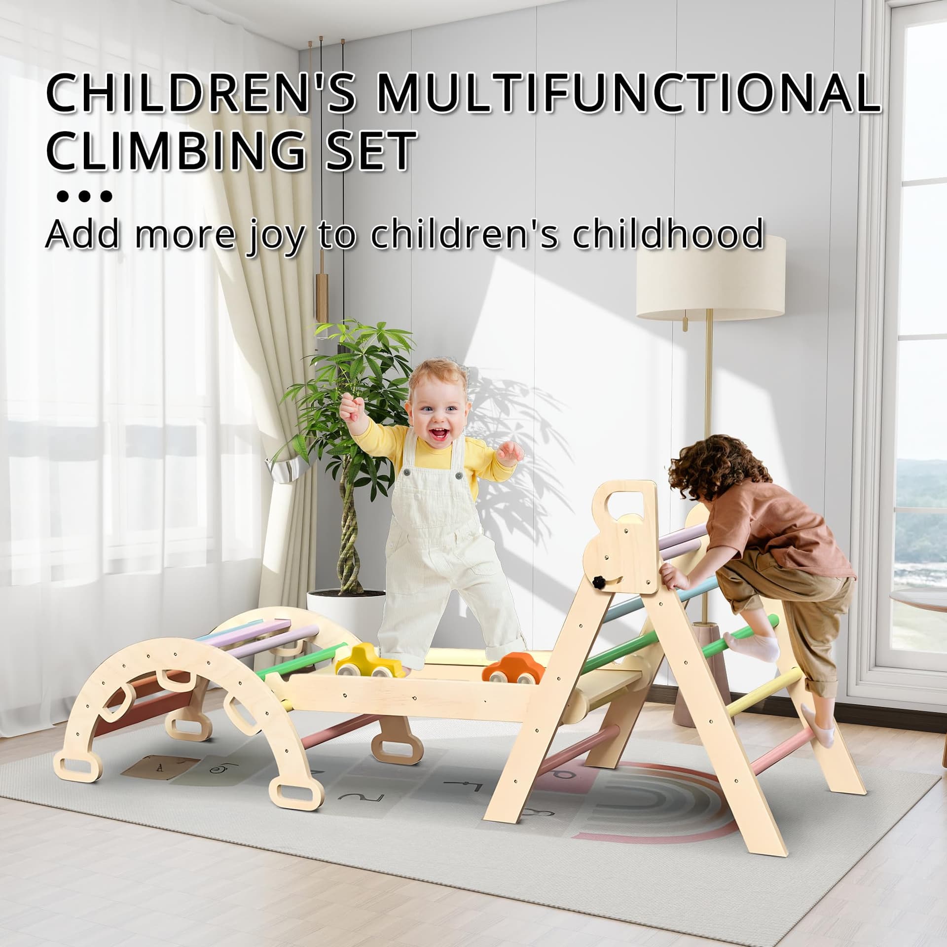 Kids Triangle Climbing Toys Set 7 in 1 Foldable Toddler Wooden Climbing Toys with Arch Ramp Ladder Baby Climber Indoor Jungle Gyms for Toddlers - Rainbow thumbnail 2