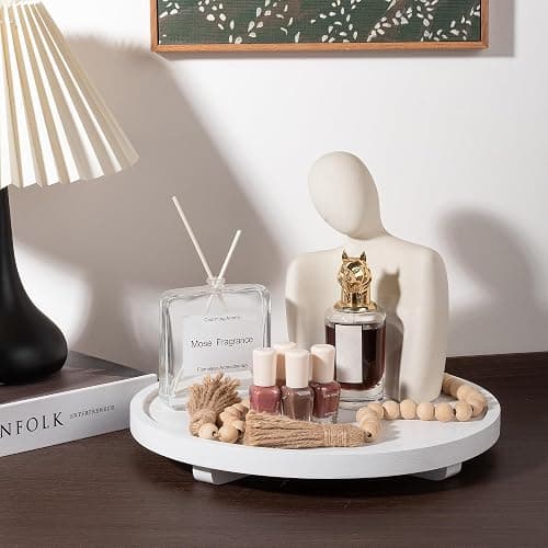 Round Decorative Tray Farmhouse Kitchen Decor Soap Dish, 12" White | Waterproof, Lightweight, Easy Clean, Wood Riser Pedestal Stand Accessories for Office Desk, Vanity, Counter, Sink thumbnail 5
