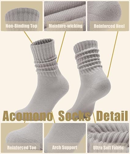 Acomono Scrunch Crew Socks 3 Pack – Retro Slouchy Cotton Calf Socks for Men & Women Cushioned Solid Stacked Boot & Sneaker thumbnail 6