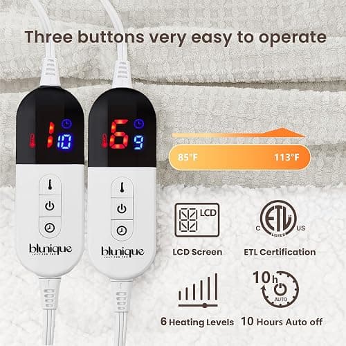 blunique Heated Blanket Electric Blanket Queen Waffle, 84x90 Inches Dual Controllers Sherpa Fleece Fast Heating Blanket 6 Heating Levels & 10 Hours Auto Off ETL Certification,Beige Queen thumbnail 5