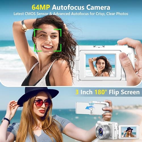 4K Digital Camera for Photography Autofocus, 64MP WiFi Vlogging Camera for YouTube with 2 Batteries, SD Card, 3" 180°Flip Screen Selfie Compact Travel Camera for Teens with 16X Zoom, Anti-Shake, White thumbnail 3