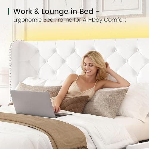 LARMACE Queen Size Bed Frame with LED Lights and 4 Storage Drawers Velvet Upholstered Platform Bed Frame with Tufted Headboard Wingback, No Box Spring Needed, Easy to Assemble, White thumbnail 7