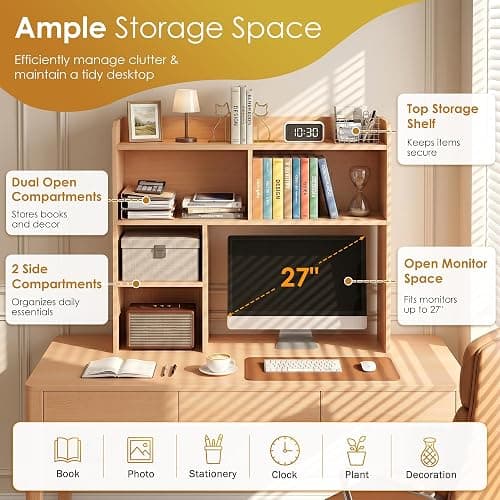 JupiterForce Desktop Bookshelf, Wooden Desktop Hutch Desk Shelf Storage Rack for Home Office, Study, Dorm Room, Multi-Compartment Desktop Organizer (Natural, 4 Shelves) thumbnail 7