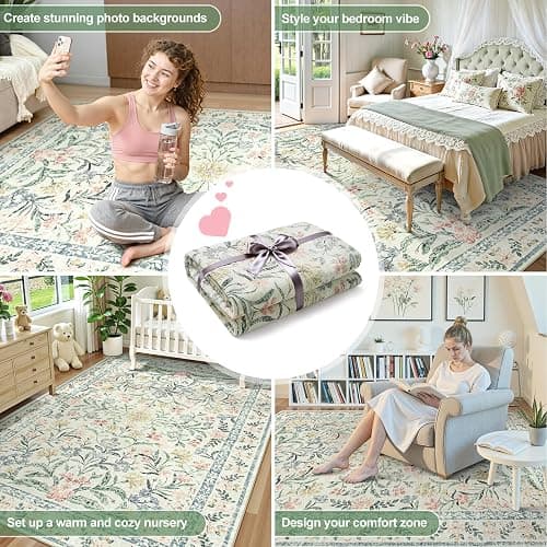 Wonnitar Boho Floral Washable Rugs 5x7, Soft Area Rugs for Bedroom, Ultra-Thin Non Slip Beige Area Carpets, Flower Print Decor Carpet for Living Room Nursery Dining Room Office thumbnail 7