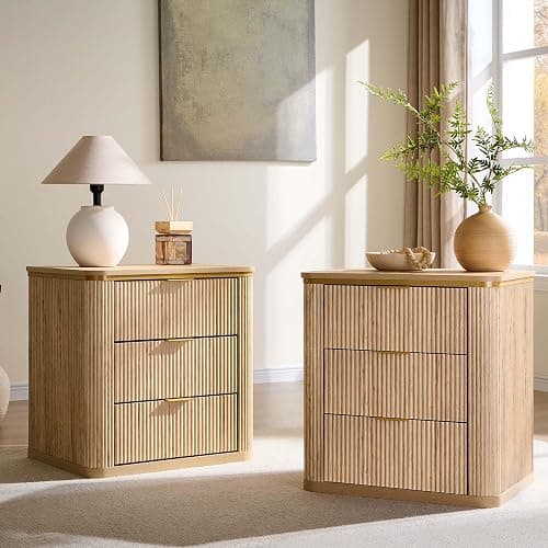 T4TREAM 24" Large Mid Century Modern Fluted Nightstand Set of 2 with 3 Drawers, End Table, Bedside Table for Bedroom, Living Room, Natural Oak - Image 1