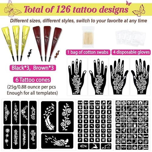 126 PCS Temporary Tattoos Stencils Kit,Temporary Tattoos Kit - 6 Pcs Tattoo Cones 2 Color (Brown Black) with Gloves,DIY Body Art Skin Painting Designs for Women Men Adults Kids thumbnail 2
