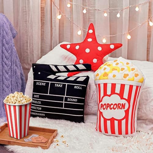 Tingjoo 3 Pcs Movie Night Throw Pillows 11 Inch Popcorn Star,Movie Night | Clapperboard Red Star Design for Couch Sofa, Movie Party Decorations, Film Lover Birthday Gift, Home Theater Accent Cushions - Image 1