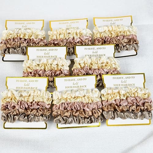 8 Pack Satin Scrunchies - Soft Hair Ties and Bachelorette Party Favors, Hair Accessories for Women's Bridesmaid Proposal (Ivory, Light Gold, Gold, Dusty Pink, Metal Grey) thumbnail 8