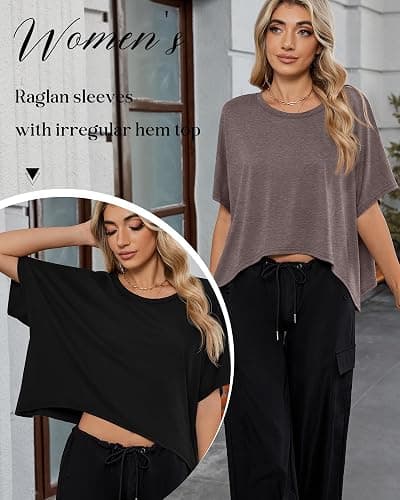 Huukeay 3 Pack Oversized Cropped T Shirts for Women Casual Short Sleeves Crop Tops Crew Neck Irregular Hem Baggy Tees thumbnail 5