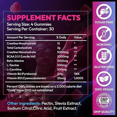 AEQNJV Creatine Gummies Monohydrate Complex 9000MG, Pre-Workout for Men & Women, Creatine Gummy with L-Taurine, BCAA 2:1, B12/6 for Muscle Support, Enhance Strength, Energy Boost-120 Count thumbnail 2