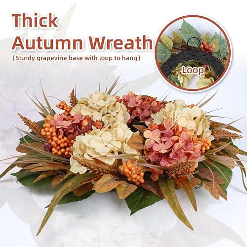 26" Autumn Fall Door Wreath with Hydrangea Berry Eucalyptus for Outdoor | Realistic Eucalyptus Leaves, Hydrangea Flowers, Berries and Hook for Farmhouse Fall Decorations; UV-resistant, Weatherproof thumbnail 6