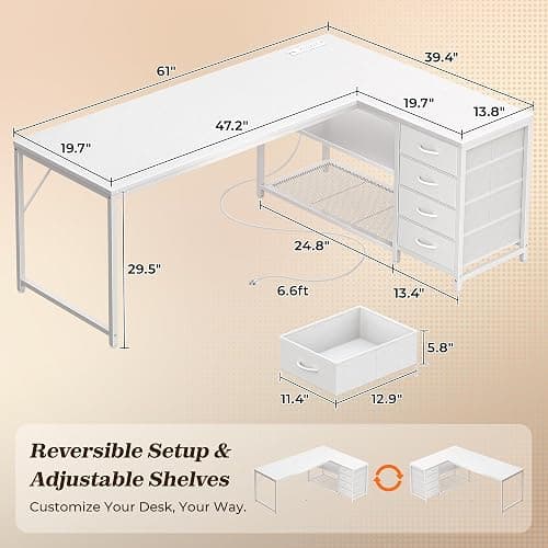 PRAISUN 61" L Shaped Desk with Power Outlets and USB-C Port, Reversible Computer Corner Office Desk with 4 Fabric Drawers and 2 Height-Adjustable Shelves, Large for Gaming Writing Work Study, White thumbnail 3