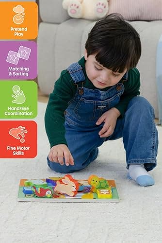 Jasey's Toy Chest Wooden Pets Puzzle & Play Set | 9-Piece Chunky Animal Puzzle with Board | Educational Toy for Toddlers Ages 12+ Months thumbnail 4