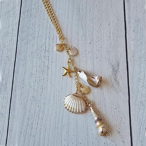 Sea Shells Car Decor,Cute Coastal Hanging Charm for Rear View Mirror, Boho Beach Themed Car Accessories,Hand-Made Starfish Conchas Aesthetic Ornament Pendant for Women - Gold thumbnail 2