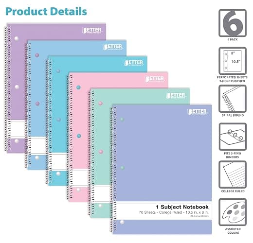 Better Office Products Spiral Notebooks, 6 Pack, 1 Subject, 70 Sheets, 10.5 x 8 inches, 6 Assorted Pastel Colors (College Ruled) thumbnail 3