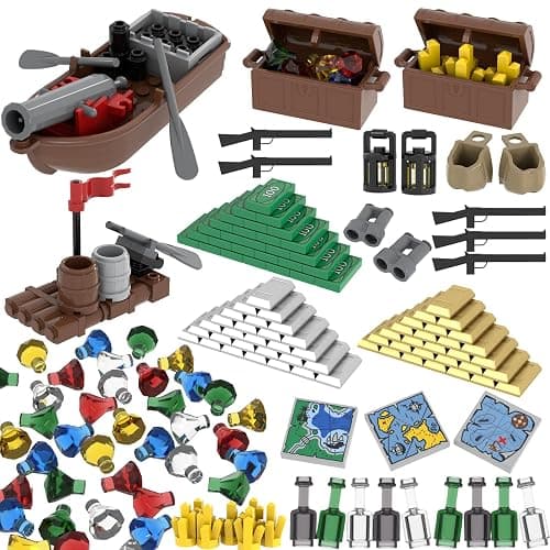 LANMANUO 221 PCS Money Bank Building Block, Pirate Ships Maps Treasure Chest City 100 Dollar Jewel Gems Diamonds Gold Bar Coins Bricks Pieces, Crystals Bill Cash Parts Sets - Image 1