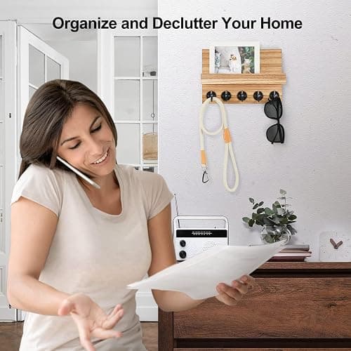 Lwenki Key Holder for Wall, Decorative Key and Mail Holder with Shelf Has Large Key Hooks for Bags, Coats – Paulownia Wood Key Hanger with Mounting Hardware (9.8”W x 6.7”H x 4.2”D) (Burnt Wood) thumbnail 7