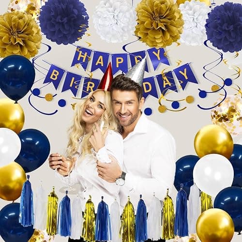 YGYXMY Birthday Decorations for Men, Navy Blue and Gold Party Decorations Set - Happy Birthday Banner, Balloons, Tissue Pompoms, Swirls, Tassels Garland thumbnail 7