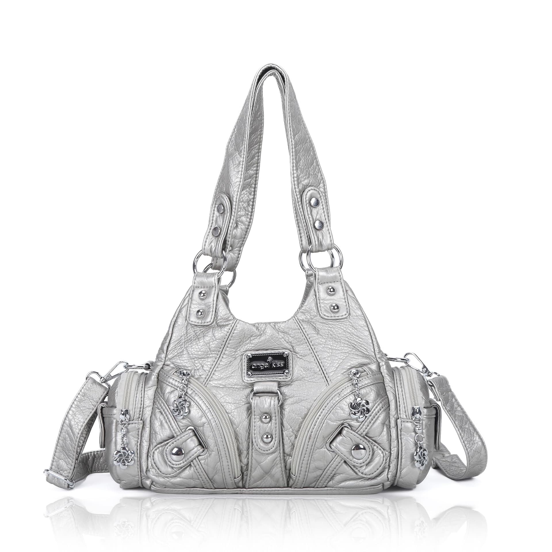 Angel Kiss - Bolsos de hombro pequeños para mujer, bolso de mano de piel vaga, varios bolsillos con cierre - plateado - Image 1