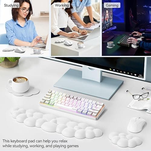 TECKNET Cloud Keyboard Wrist Rest Set, Cloud Wrist Rest with Non-Slip Base, PU Leather Wrist Pad for Keyboard with Ergonomic Memory Foam for Computer Laptop Office Gaming and Pain Relief, White thumbnail 7