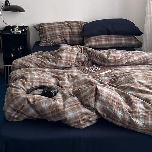 EAVD Vintage Buffalo Plaid Duvet Cover King 100% Washed Cotton Brown&Blue | 3-Piece Aesthetic Bedding Set, Reversible Gingham Pattern, 1 Duvet Cover with 2 Pillowcases, Retro Farmhouse, Zipper Closure thumbnail 7