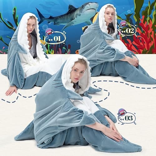 QUSLLIS Shark Blanket - Blanket - Made of Super Soft, Cosy Flannel with Hood, Jumpsuit, Hoodie, Shark Sleeping Bag, Portable Blanket for Adults and Children, XL thumbnail 4
