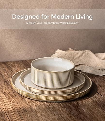 GBHOME Stoneware Dinnerware Sets for 4,12-Piece Plates and Bowls Set | Handmade Reactive Glaze Ceramic Dish Set, Scratch Resistant, Dishwasher&Microwave Safe,Cappuccino thumbnail 4