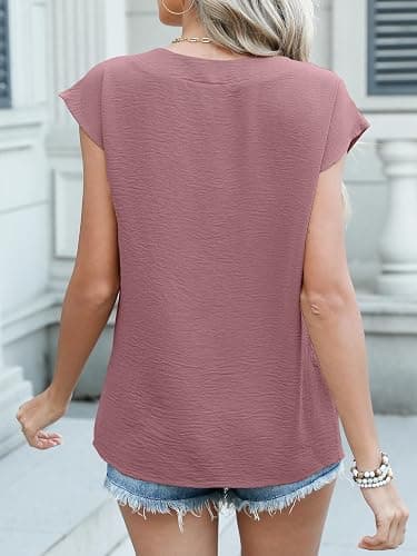 ANRABESS Women Tops Cap Sleeve Textured Dressy Casual V Neck Shirts 2025 Summer Business Work Blouses Outfits - Dusty Rose - Large thumbnail 5